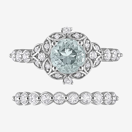Womens Diamond Accent Genuine Blue Aquamarine 10K Gold Round Side Stone Bridal Set