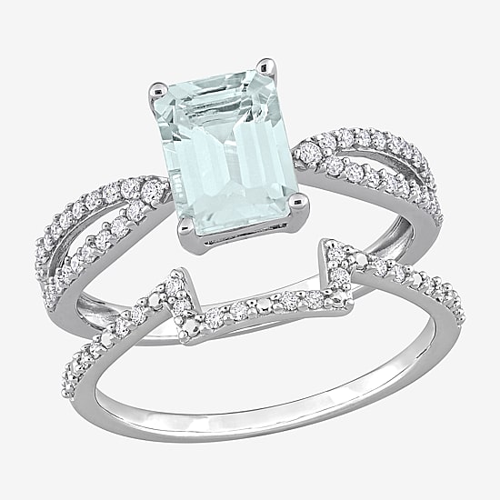 Womens 1/3 CT. T.W. Genuine Blue Aquamarine 14K Gold Side Stone Bridal Set