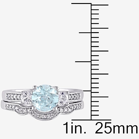Womens 1/7 CT. T.W. Genuine Blue Aquamarine 10K Gold Round Side Stone 3-Stone Bridal Set