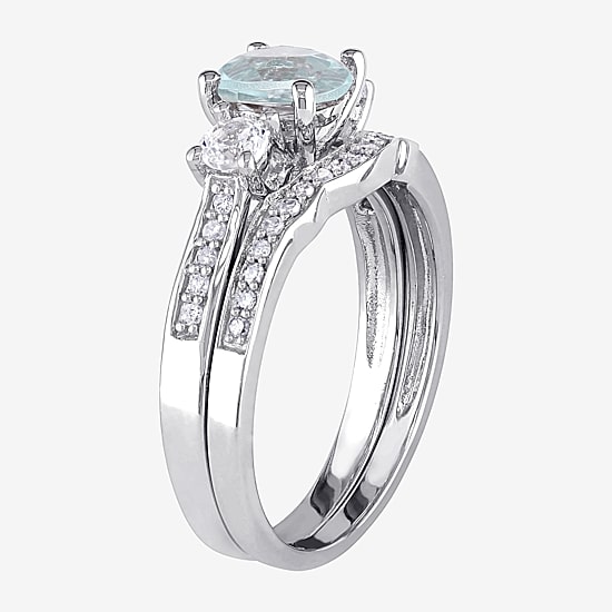 Womens 1/7 CT. T.W. Genuine Blue Aquamarine 10K Gold Round Side Stone 3-Stone Bridal Set