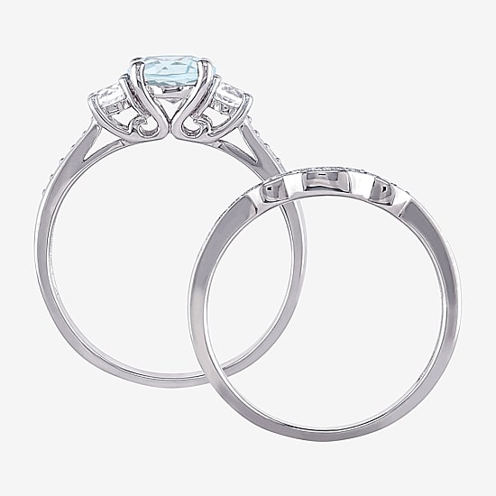 Womens 1/7 CT. T.W. Genuine Blue Aquamarine 10K Gold Round Side Stone 3-Stone Bridal Set