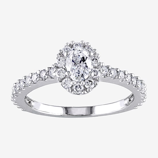 Womens 1 CT. T.W. Natural White Diamond 14K Gold Oval Side Stone Halo Engagement Ring