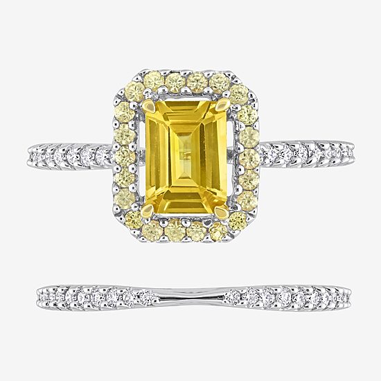 Womens 1/4 CT. T.W. Genuine Yellow Sapphire 14K Gold Side Stone Halo Bridal Set