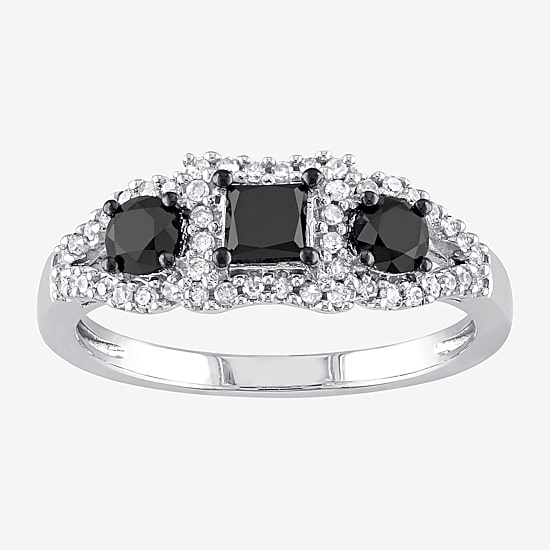 Midnight Black Womens 1 CT. T.W. Natural Black Diamond 10K Gold 3-Stone Halo Engagement Ring