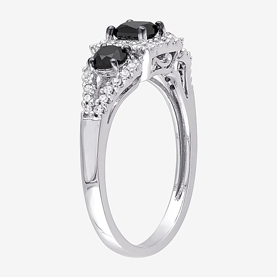 Midnight Black Womens 1 CT. T.W. Natural Black Diamond 10K Gold 3-Stone Halo Engagement Ring