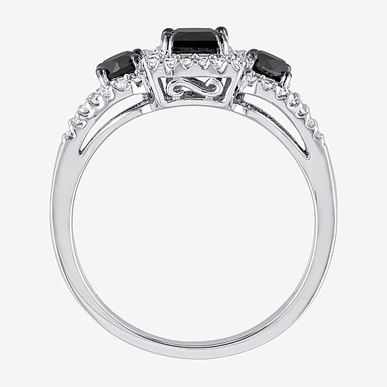 Midnight Black Womens 1 CT. T.W. Natural Black Diamond 10K Gold 3-Stone Halo Engagement Ring