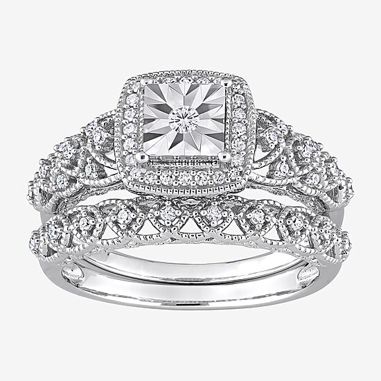 Womens 1/3 CT. T.W. Natural White Diamond Sterling Silver Cushion Halo Bridal Set