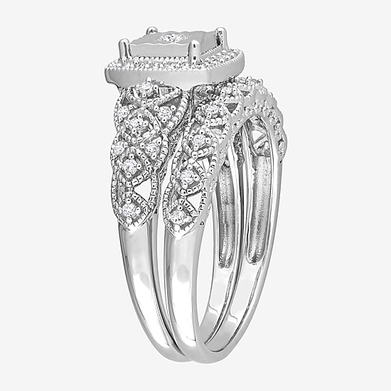 Womens 1/3 CT. T.W. Natural White Diamond Sterling Silver Cushion Halo Bridal Set