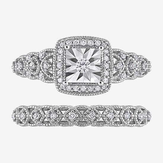 Womens 1/3 CT. T.W. Natural White Diamond Sterling Silver Cushion Halo Bridal Set