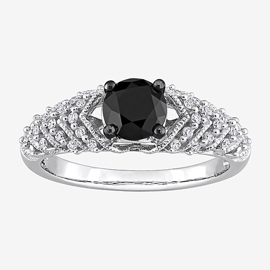 Womens 7/8 CT. T.W. Natural Black Diamond 14K Gold Round Side Stone Engagement Ring