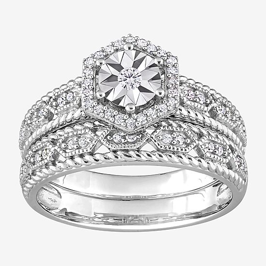 Womens 1/4 CT. T.W. Natural White Diamond Sterling Silver Halo Bridal Set