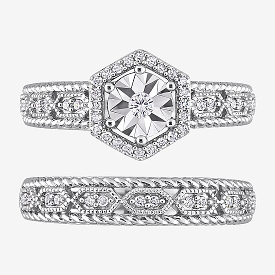 Womens 1/4 CT. T.W. Natural White Diamond Sterling Silver Halo Bridal Set