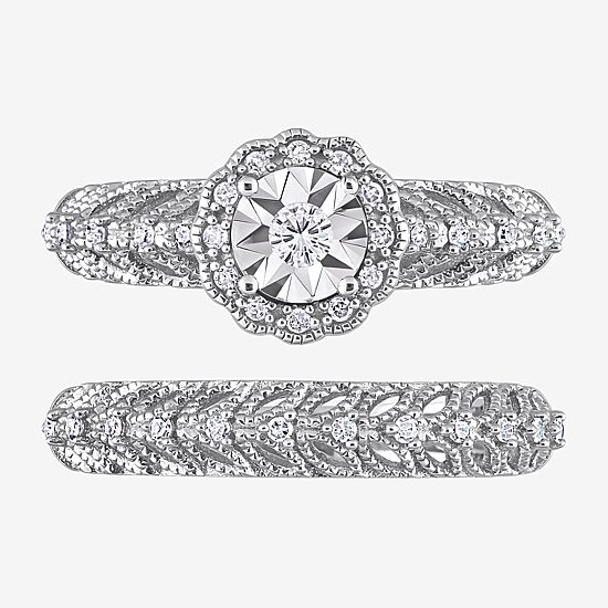 Womens 1/4 CT. T.W. Natural White Diamond Sterling Silver Round Halo Bridal Set