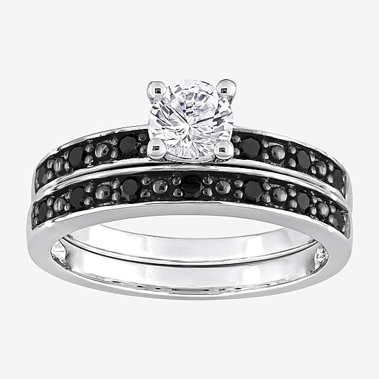 Womens 1/5 CT. Natural Black Diamond Sterling Silver Round Side Stone Bridal Set