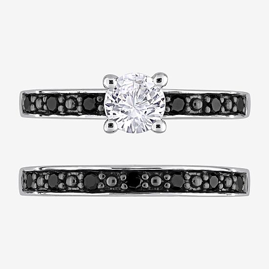 Womens 1/5 CT. Natural Black Diamond Sterling Silver Round Side Stone Bridal Set
