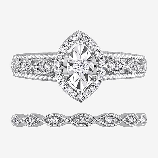Womens 1/5 CT. Natural White Diamond Sterling Silver Marquise Bridal Set