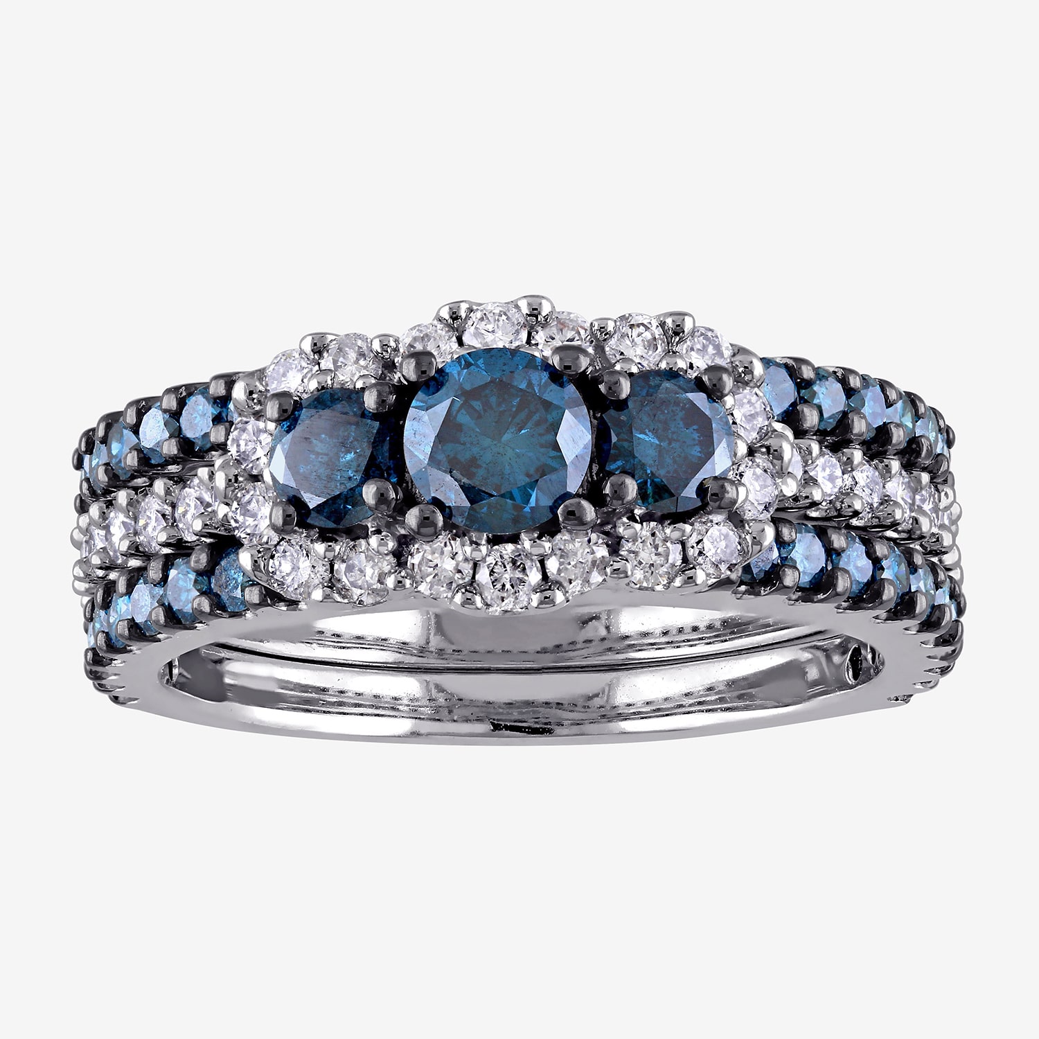 Womens 2 CT. T.W. Natural Blue Diamond 10K Gold Round Side Stone 3-Stone Bridal Set
