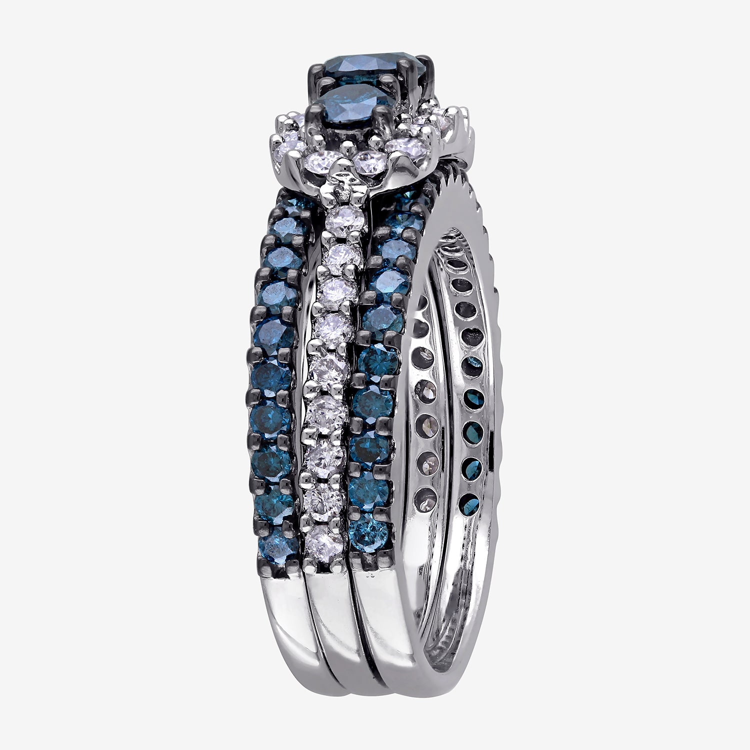 Womens 2 CT. T.W. Natural Blue Diamond 10K Gold Round Side Stone 3-Stone Bridal Set