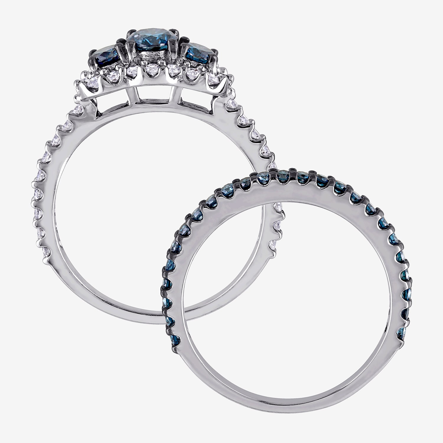 Womens 2 CT. T.W. Natural Blue Diamond 10K Gold Round Side Stone 3-Stone Bridal Set