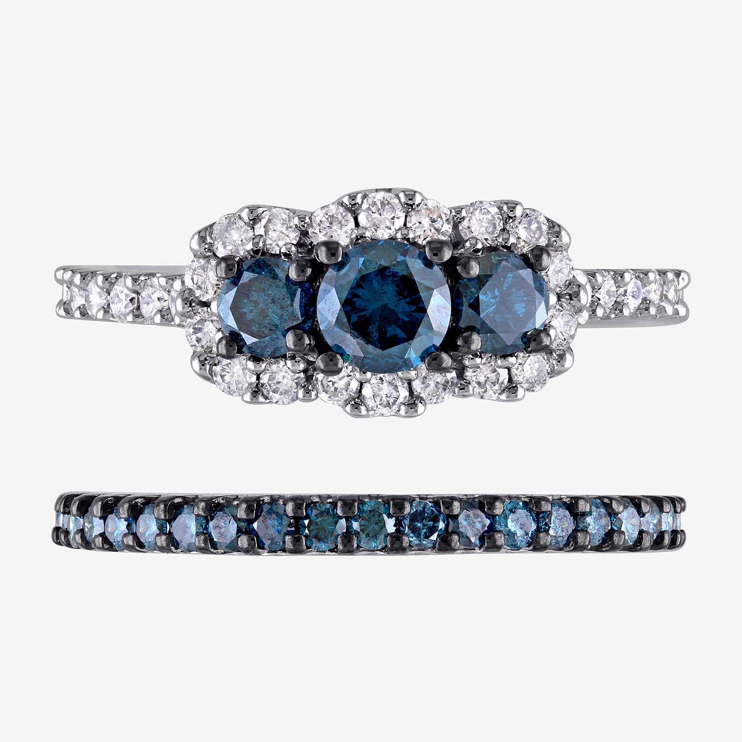 Womens 2 CT. T.W. Natural Blue Diamond 10K Gold Round Side Stone 3-Stone Bridal Set