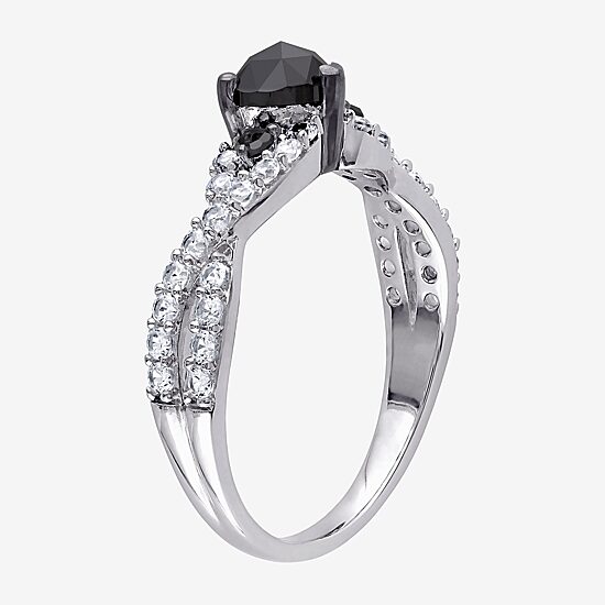 Womens 1/2 CT. T.W. Natural Black Diamond Sterling Silver Heart Side Stone Engagement Ring