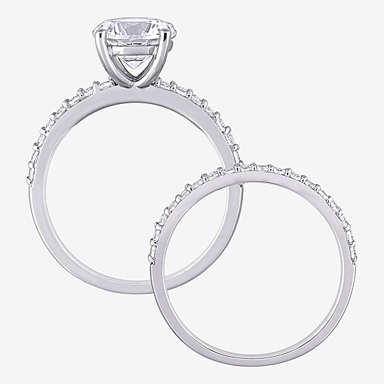 Womens Lab Created White Sapphire 10K Gold Round Side Stone Bridal Set