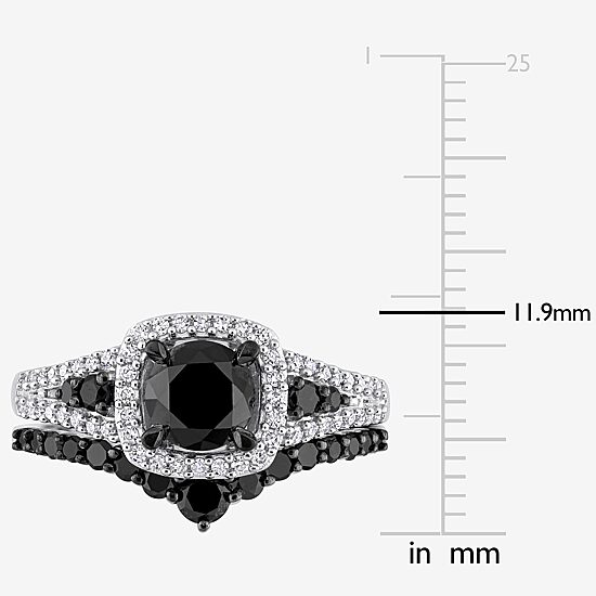 Womens 1 1/2 CT. T.W. Natural Black Diamond 10K Gold Cushion Side Stone Halo Bridal Set