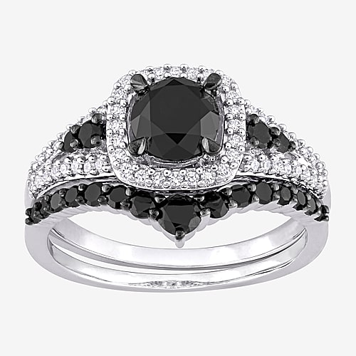 Modern Bride Womens 1 1/2 Ct. T.w. Natural Black Diamond 10k Gold Cushion Side Stone Halo Bridal Set In White