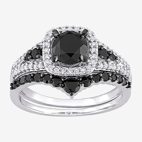 Womens 1 1/2 CT. T.W. Natural Black Diamond 10K Gold Cushion Side Stone Halo Bridal Set
