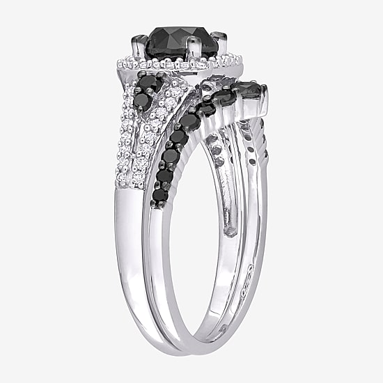 Womens 1 1/2 CT. T.W. Natural Black Diamond 10K Gold Cushion Side Stone Halo Bridal Set