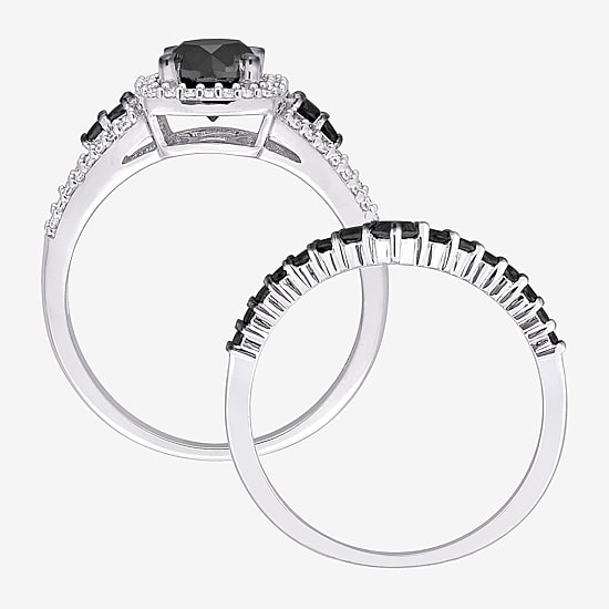Womens 1 1/2 CT. T.W. Natural Black Diamond 10K Gold Cushion Side Stone Halo Bridal Set
