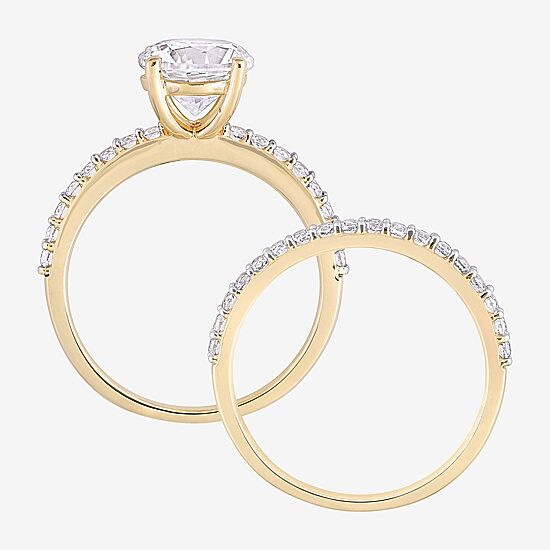 Womens Lab Created White Sapphire 10K Gold Round Side Stone Bridal Set