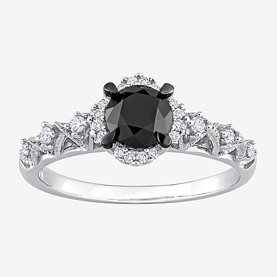 Womens 3/4 CT. T.W. Natural Black Diamond 14K Gold Round Side Stone Halo Engagement Ring