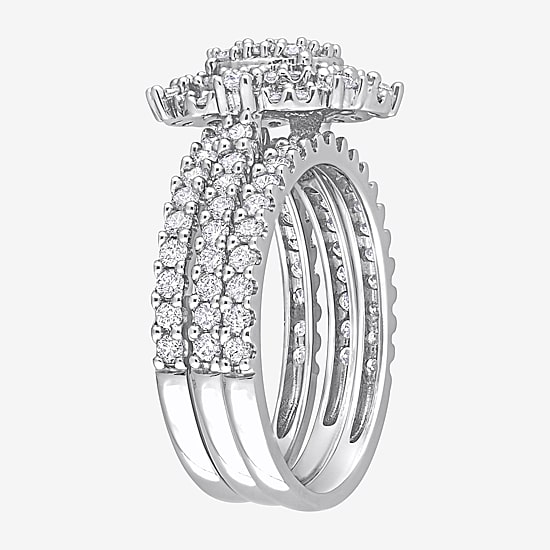 Womens 1 1/2 CT. T.W. Natural White Diamond 10K Gold Oval Side Stone Halo Bridal Set