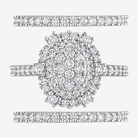 Womens 1 1/2 CT. T.W. Natural White Diamond 10K Gold Oval Side Stone Halo Bridal Set