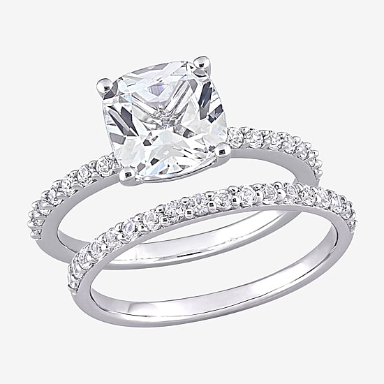 Womens Lab Created White Sapphire 10K Gold Cushion Side Stone Bridal Set