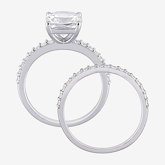 Womens Lab Created White Sapphire 10K Gold Cushion Side Stone Bridal Set