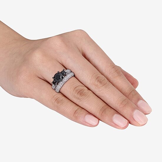 Midnight Black Womens 3 CT. T.W. Natural Black Diamond 10K Gold Round Side Stone 3-Stone Bridal Set
