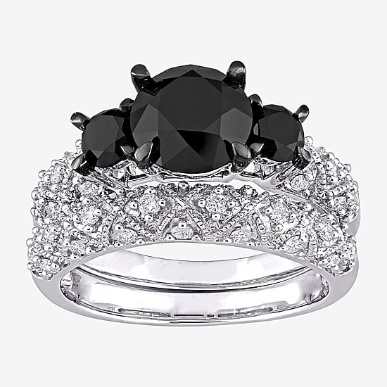 Midnight Black Womens 3 CT. T.W. Natural Black Diamond 10K Gold Round Side Stone 3-Stone Bridal Set