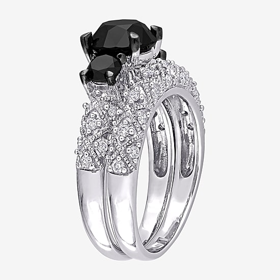 Midnight Black Womens 3 CT. T.W. Natural Black Diamond 10K Gold Round Side Stone 3-Stone Bridal Set