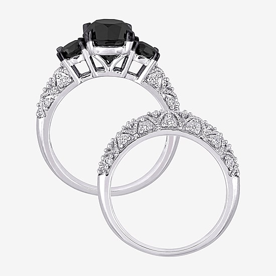 Midnight Black Womens 3 CT. T.W. Natural Black Diamond 10K Gold Round Side Stone 3-Stone Bridal Set