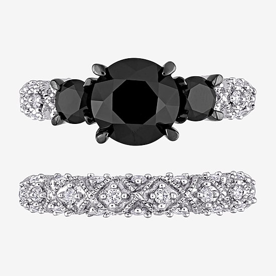 Midnight Black Womens 3 CT. T.W. Natural Black Diamond 10K Gold Round Side Stone 3-Stone Bridal Set