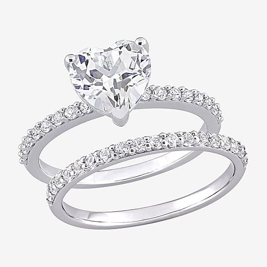 Womens Lab Created White Sapphire 10K Gold Heart Side Stone Bridal Set
