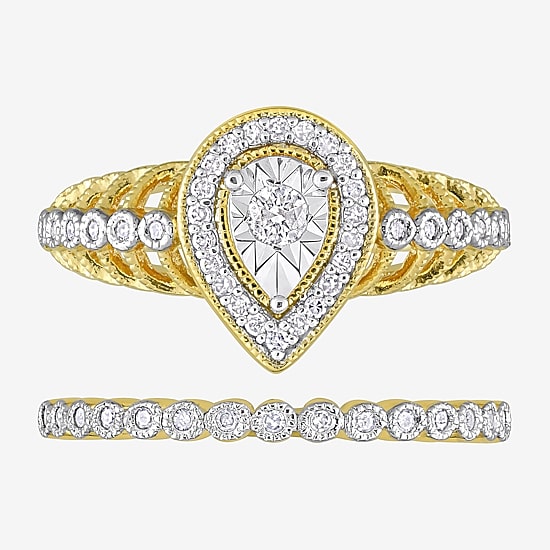Womens 1/3 CT. T.W. Natural White Diamond 18K Gold Over Silver Pear Side Stone Halo Bridal Set