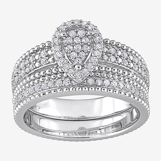 Womens 1/3 CT. T.W. Natural White Diamond Sterling Silver Pear Side Stone Halo Bridal Set