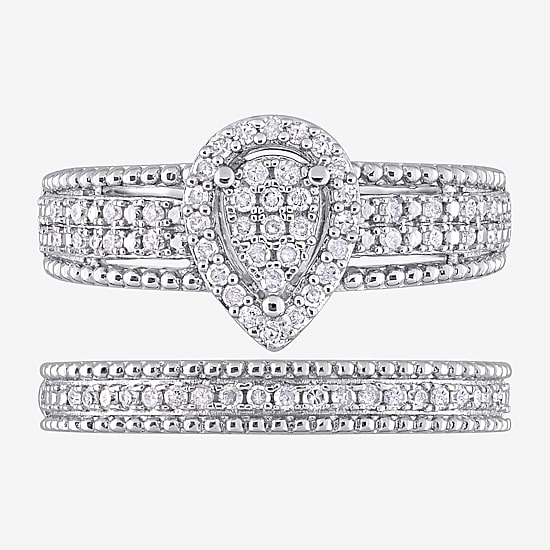 Womens 1/3 CT. T.W. Natural White Diamond Sterling Silver Pear Side Stone Halo Bridal Set