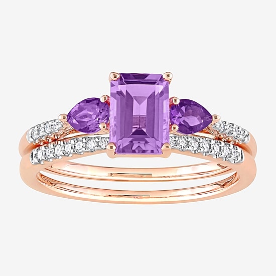 Womens 1/10 CT. T.W. Genuine Purple Amethyst 10K Gold Side Stone 3-Stone Bridal Set