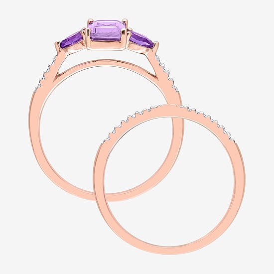 Womens 1/10 CT. T.W. Genuine Purple Amethyst 10K Gold Side Stone 3-Stone Bridal Set