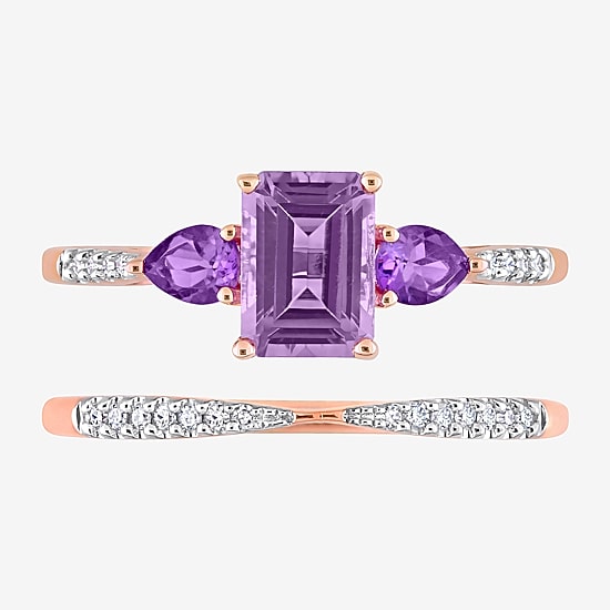Womens 1/10 CT. T.W. Genuine Purple Amethyst 10K Gold Side Stone 3-Stone Bridal Set