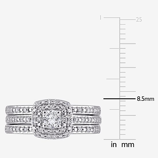 Womens 1/2 CT. T.W. Natural White Diamond Sterling Silver Cushion Side Stone Halo Bridal Set
